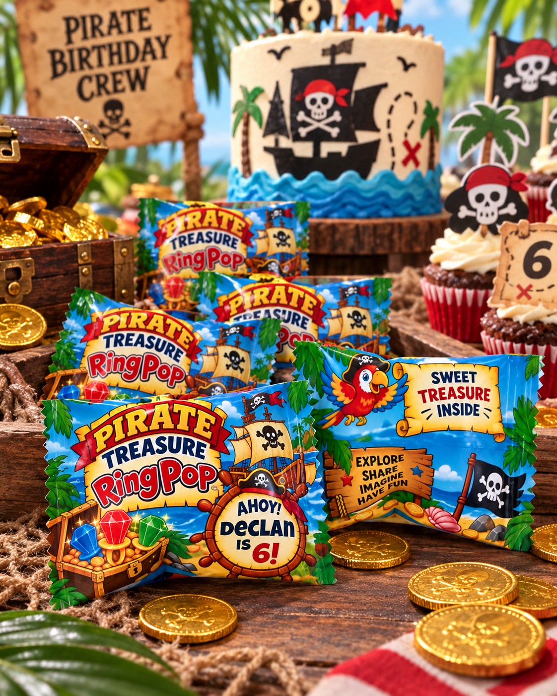 Personalized pirate Ring Pop favors displayed on a themed birthday party table with pirate cake cupcakes treasure chest and gold coins