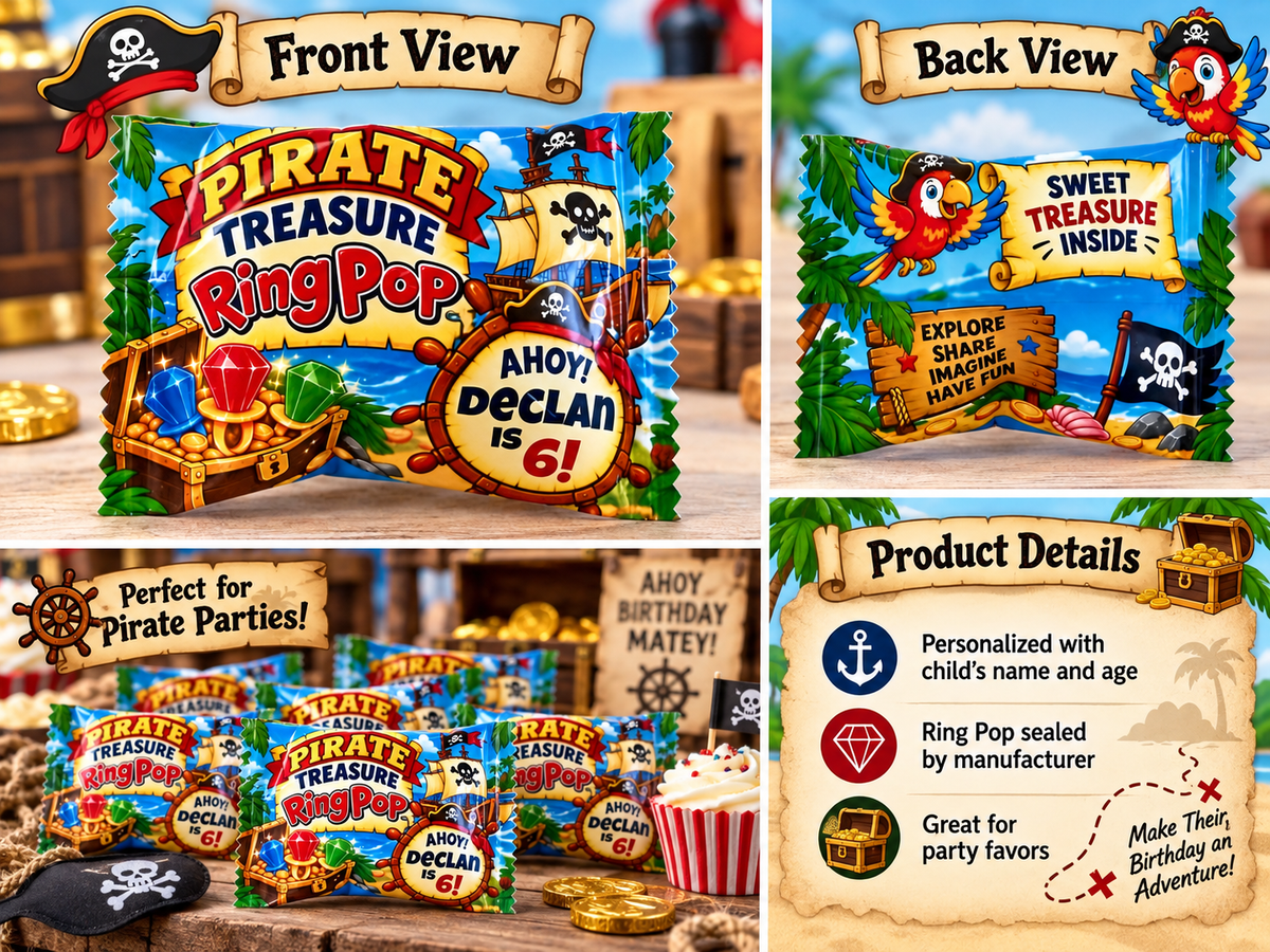 Pirate Ring Pop favor product collage showing front and back wrapper designs personalization and party favor details
