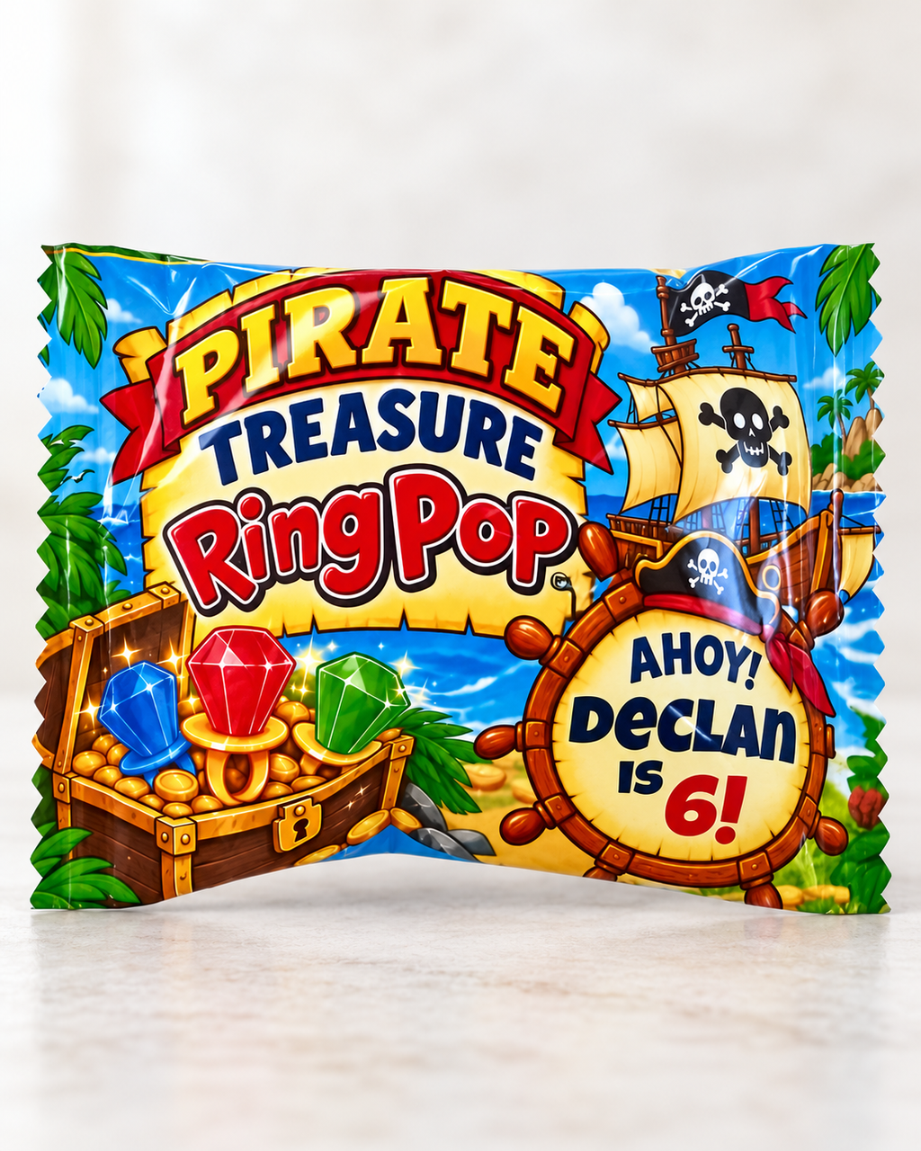Personalized pirate birthday Ring Pop favor with treasure themed custom party packaging.