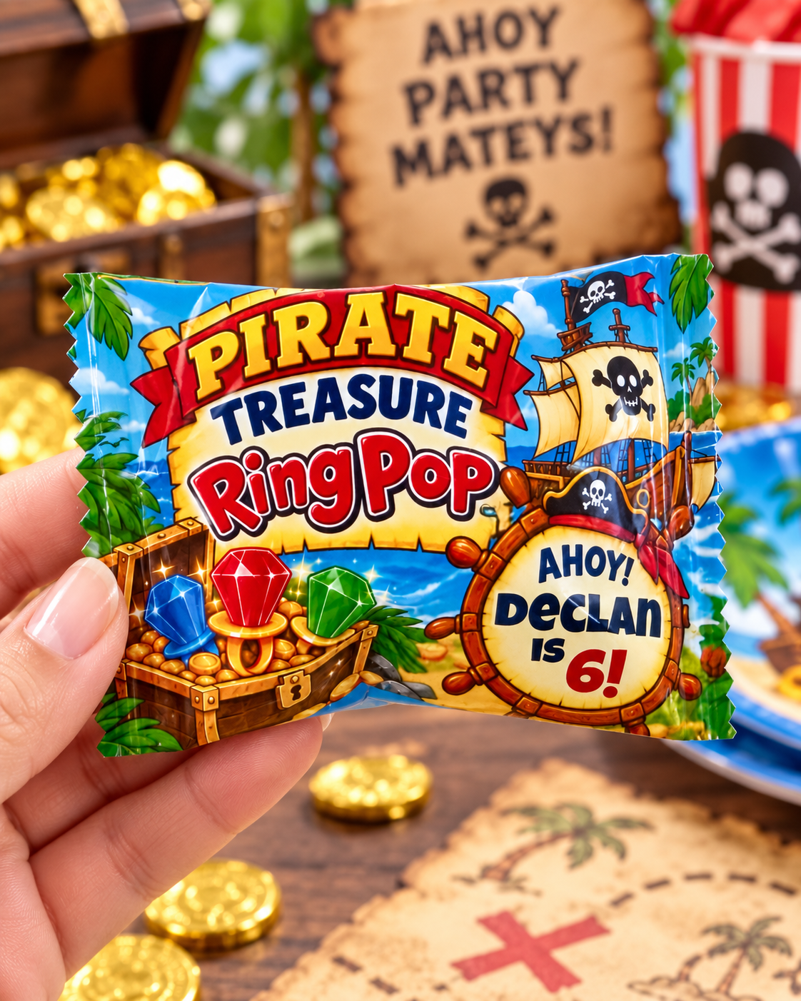 Personalized pirate Ring Pop party favor held by hand with treasure chest gold coins and pirate party decor in the background