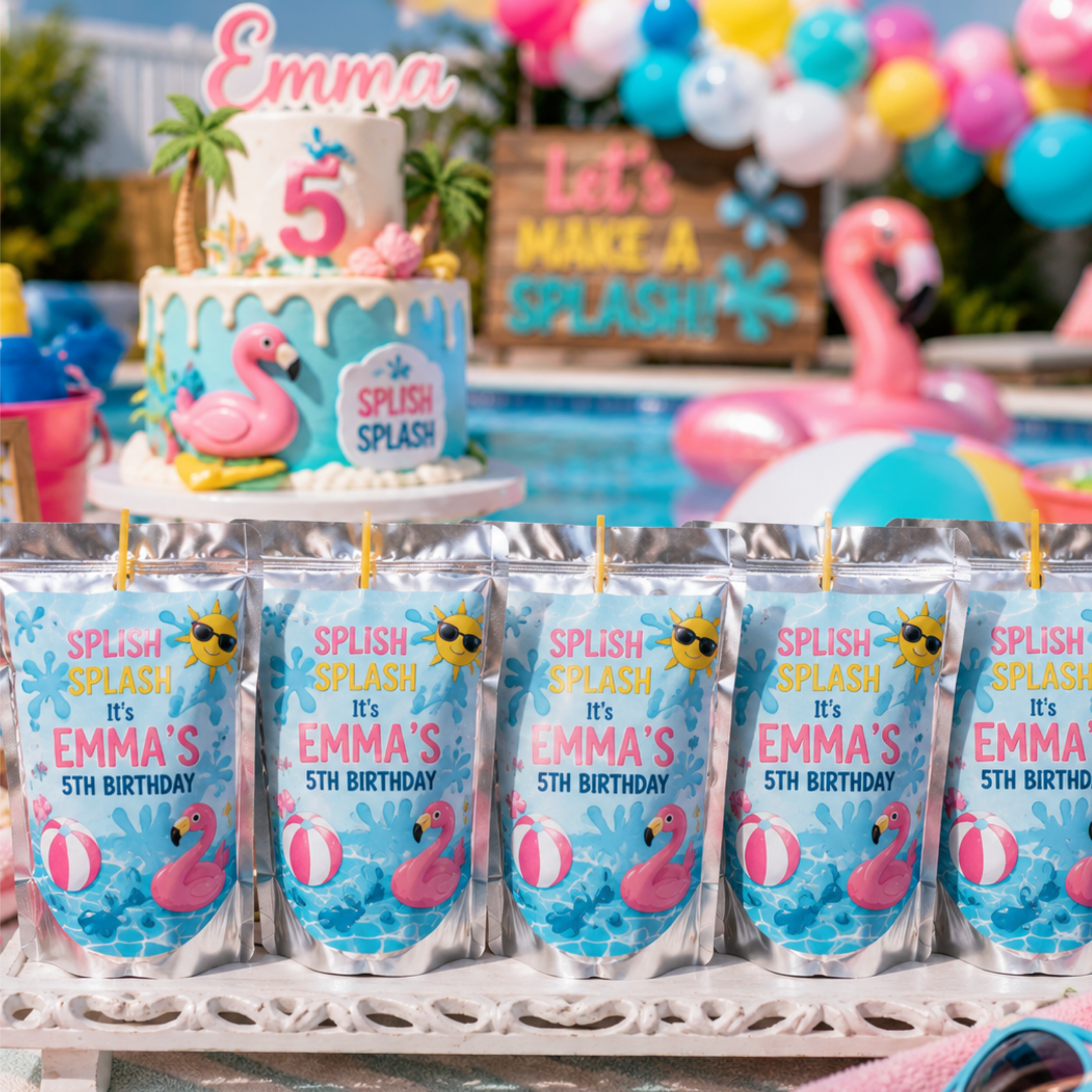 Custom pool party birthday juice pouch labels personalized for summer birthday parties featuring flamingos bright colors beach balls and splash themed party favors.
