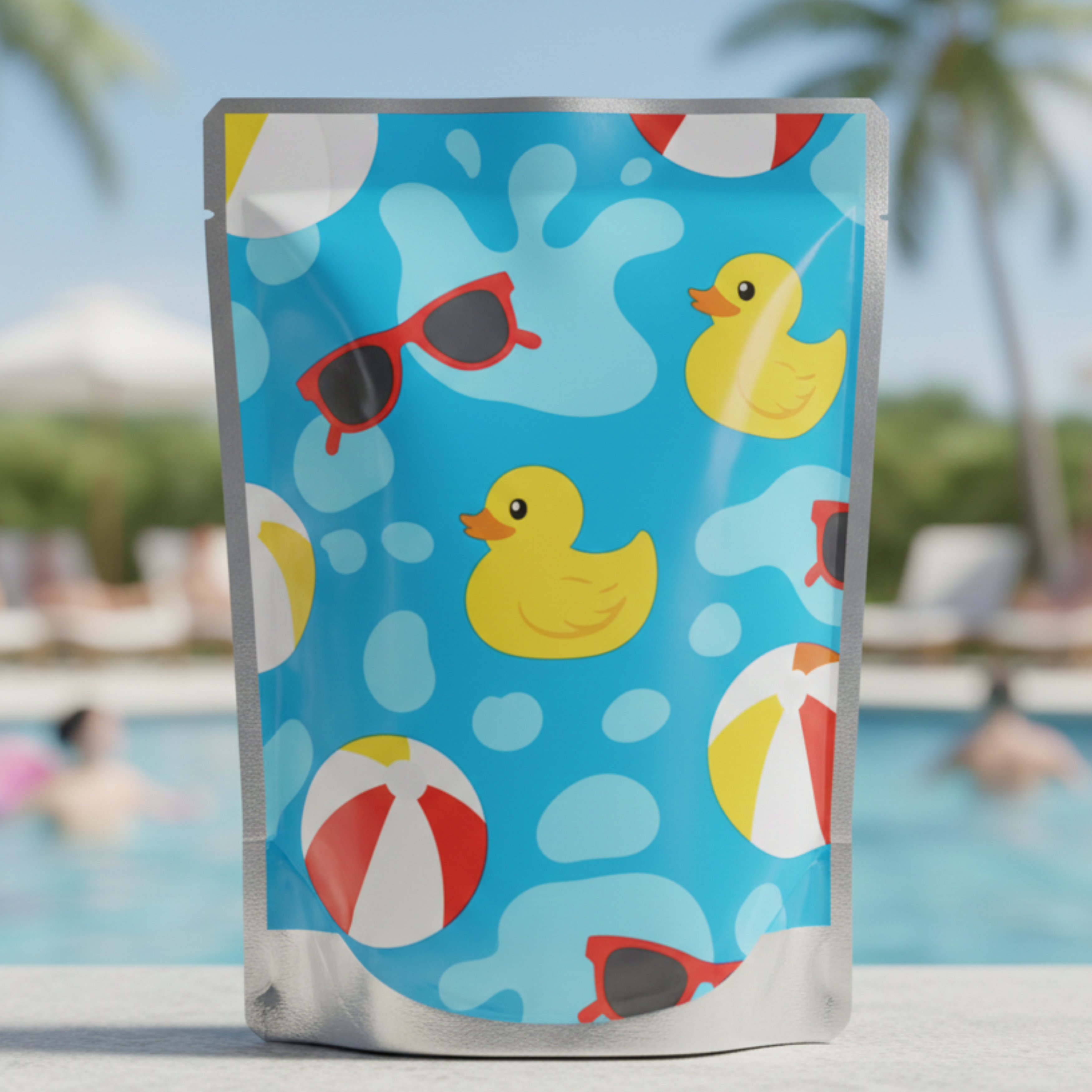 Capri Sun Packaging with rubber duck and beach ball design in front of a pool.
