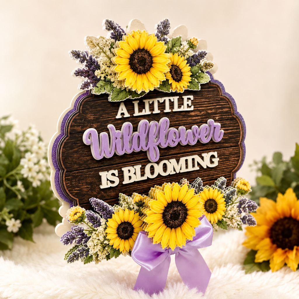 Luxury handmade baby shower cake topper featuring layered 3D sunflower floral details, lavender accents, rustic wood grain design, dimensional premium cardstock construction, custom wildflower theme cake decoration for baby shower celebration.