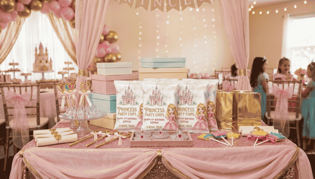 Custom princess birthday party chip bags featuring pink and gold princess themed favors for girls birthday celebration candy and snack table