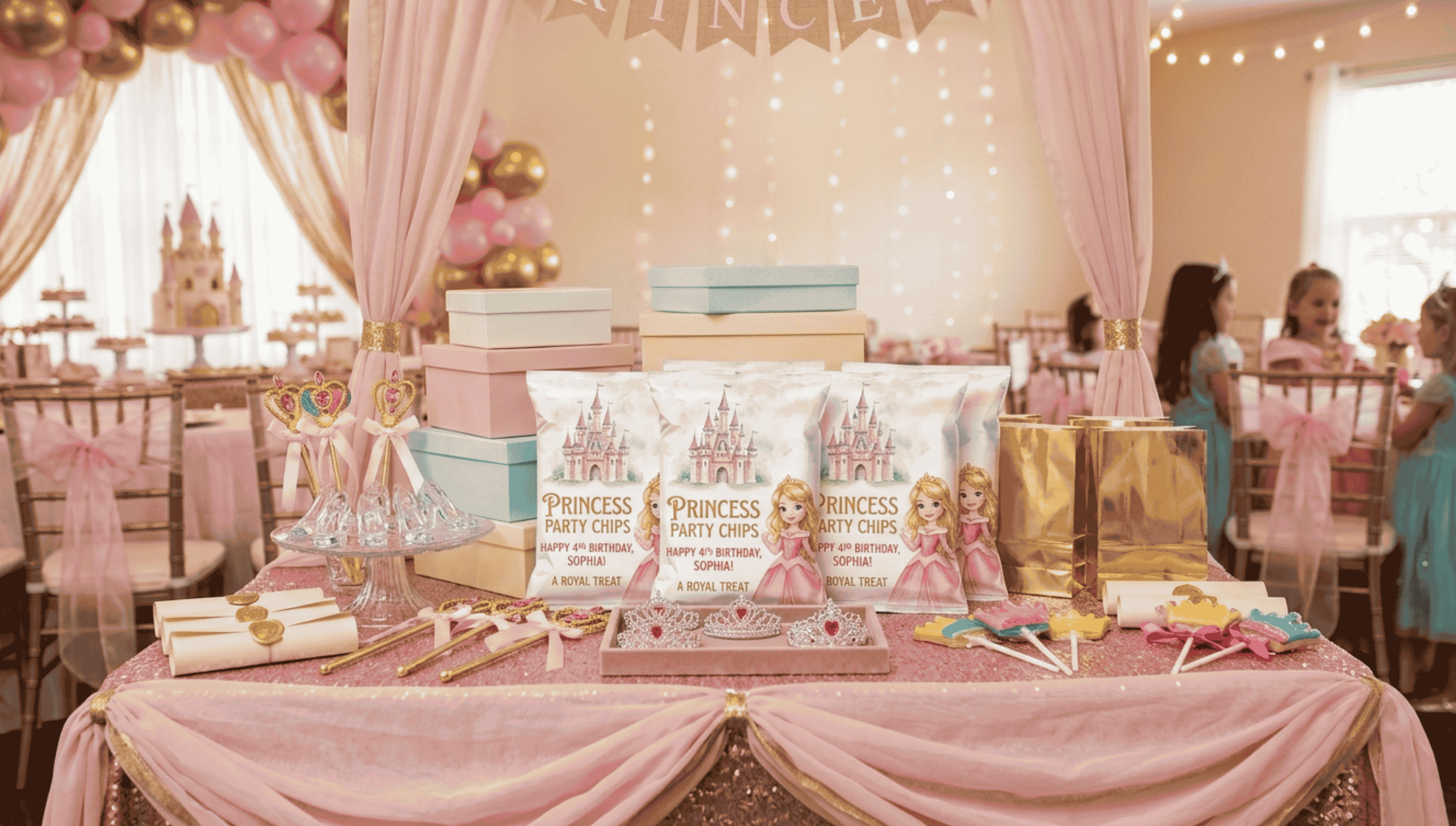 Custom princess birthday party chip bags featuring pink and gold princess themed favors for girls birthday celebration candy and snack table