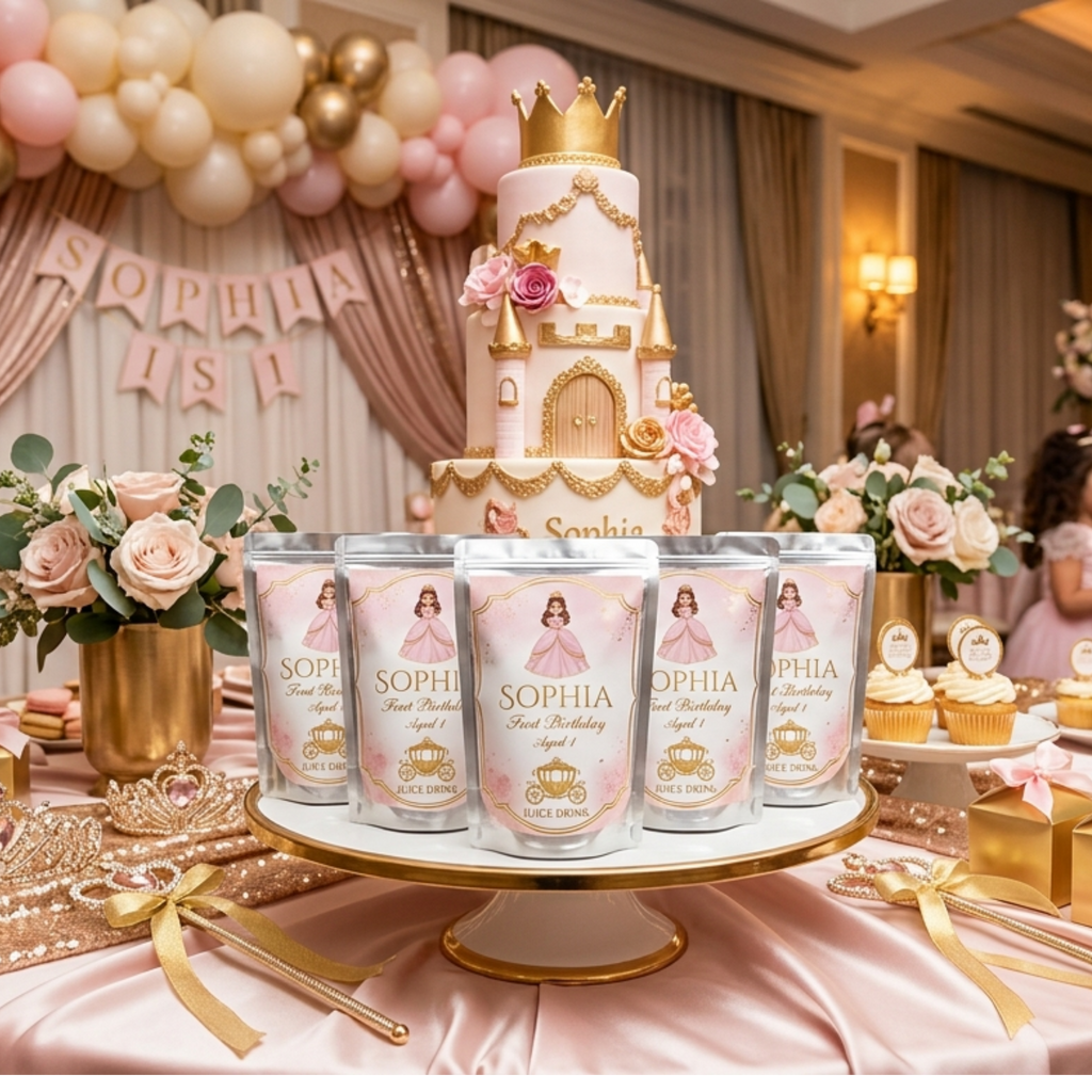 Luxury princess themed birthday juice pouch labels personalized for girls birthday party favors featuring pink gold princess decor castle details and custom name.
