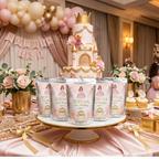 Luxury princess themed birthday juice pouch labels personalized for girls birthday party favors featuring pink gold princess decor castle details and custom name.