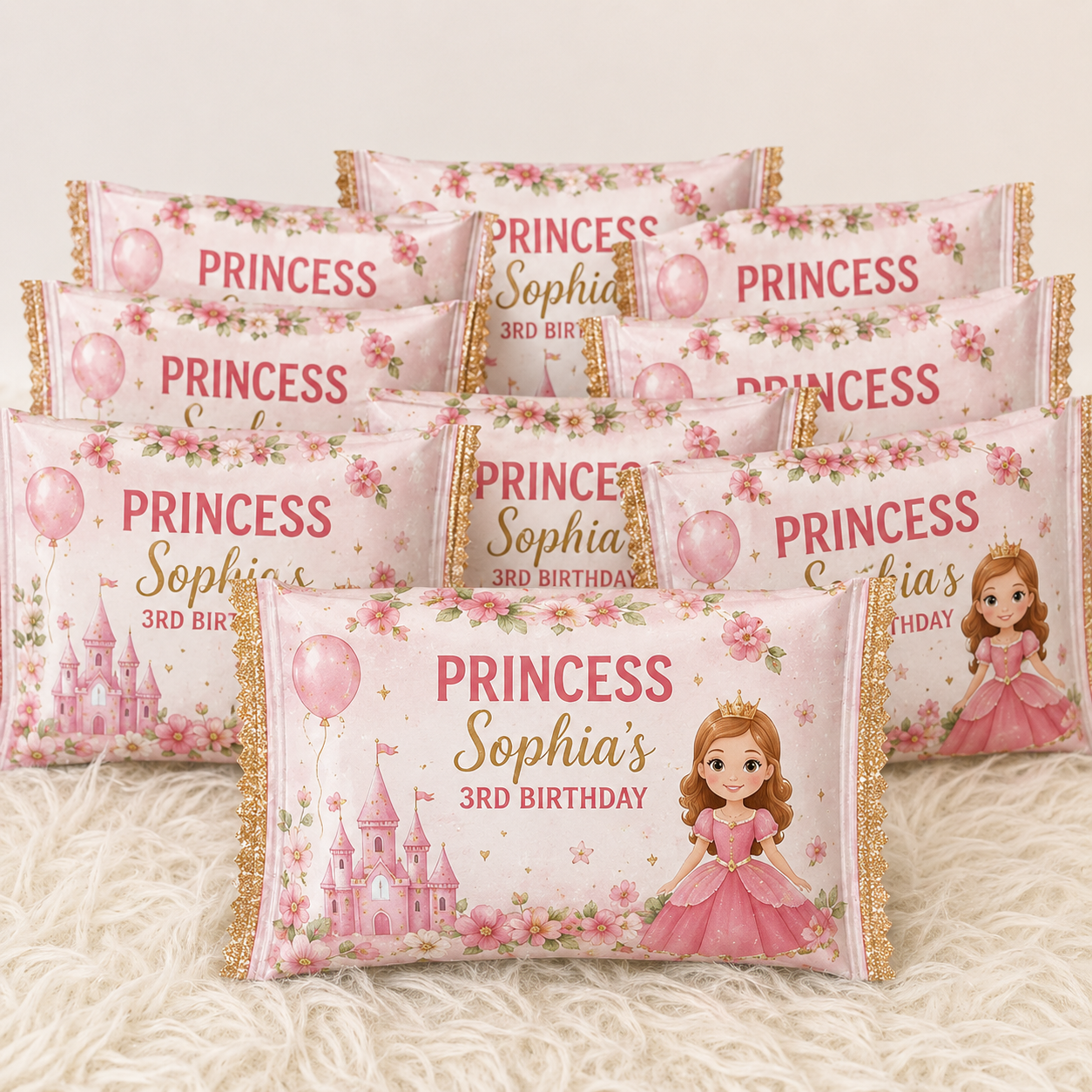 Personalized princess birthday Rice Krispie Treat wrappers featuring a pink castle, floral accents, balloons, and a custom princess design made to match a magical birthday party.