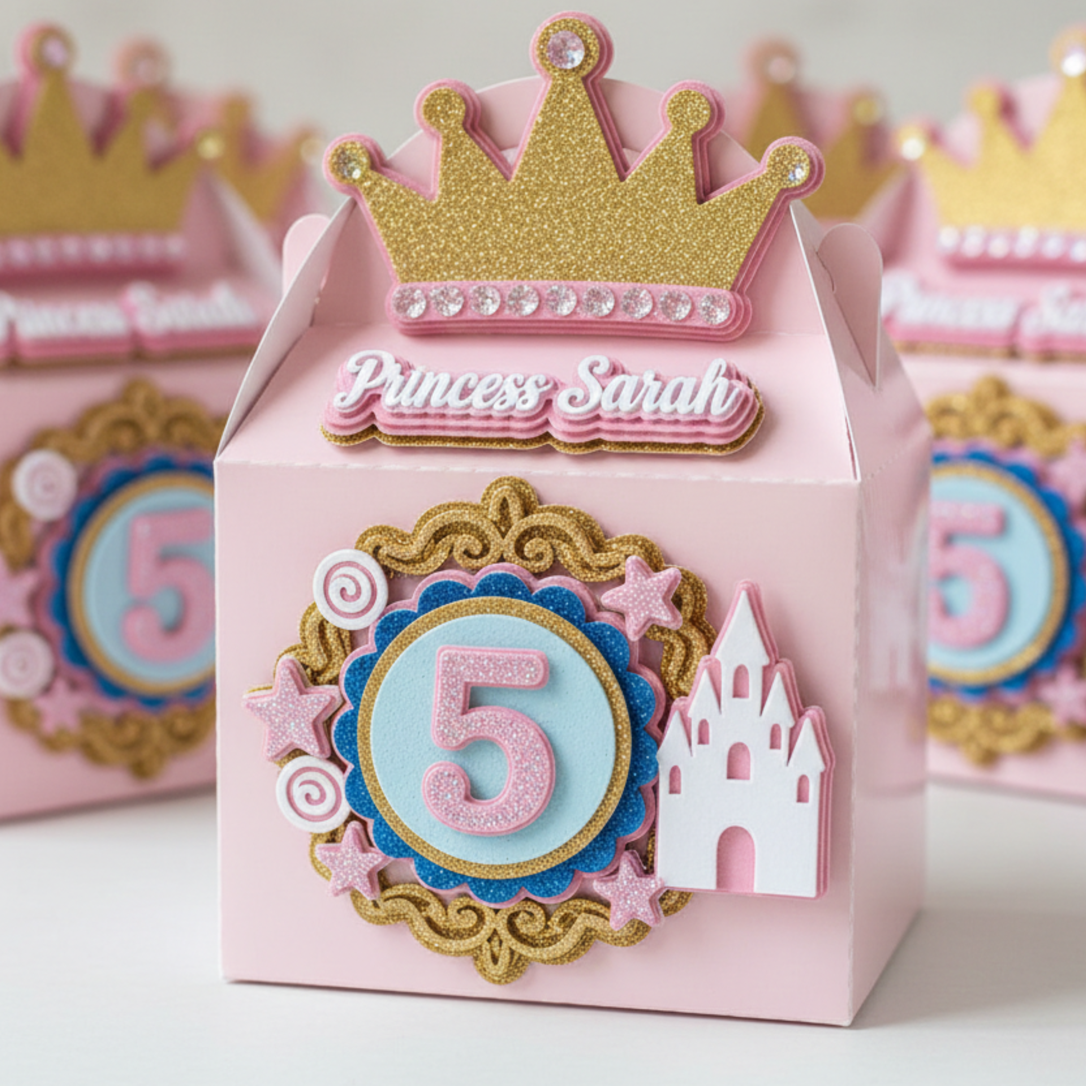 Pink gift box with gold crown, castle, and number 5 for a princess-themed birthday party.