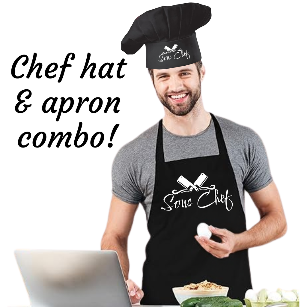 Man wearing a black chef hat and apron with 'Sous Chef' text, standing in front of a laptop.
