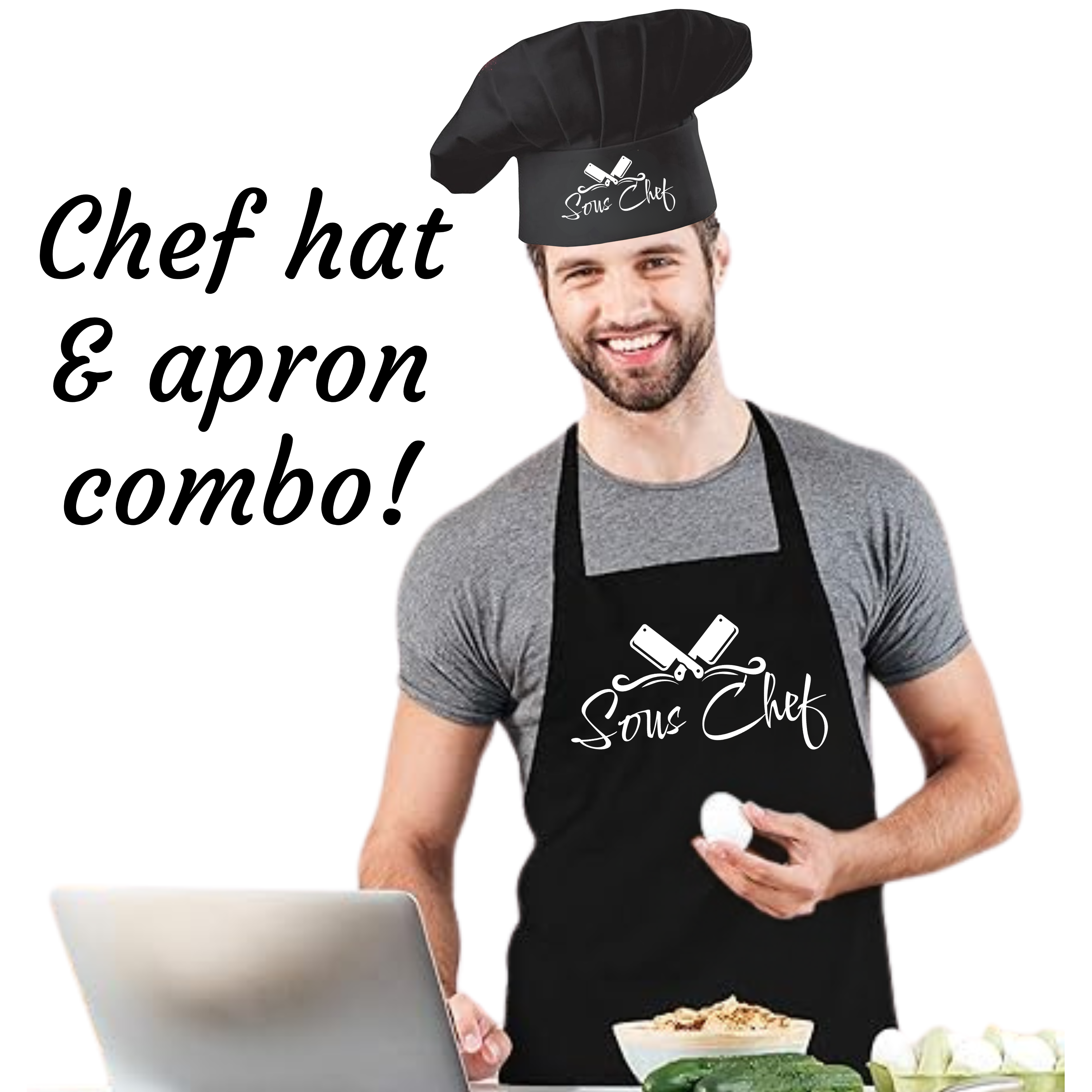 Man wearing a black chef hat and apron with 'Sous Chef' text, standing in front of a laptop.