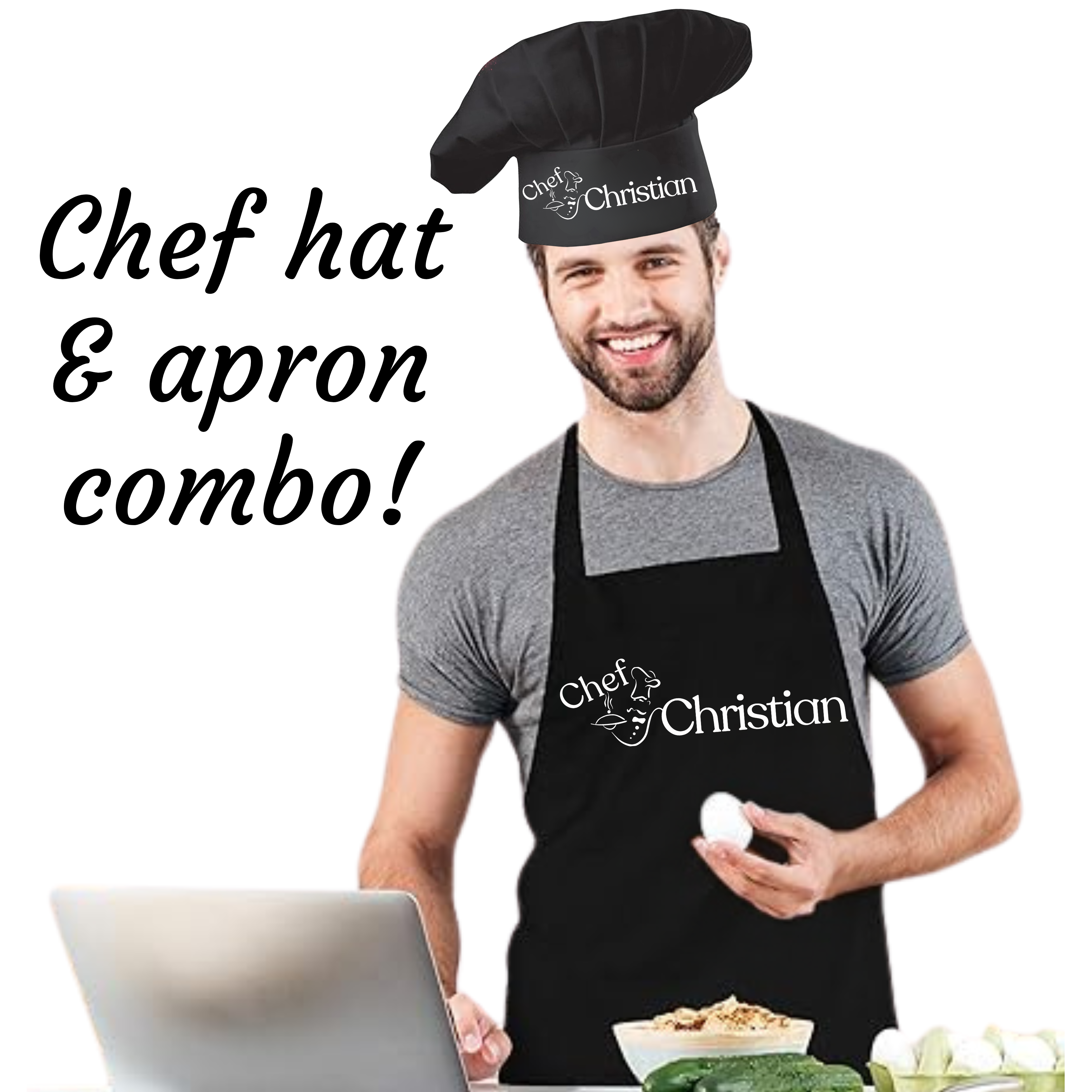 Man wearing a black chef hat and apron with 'Chef Christian' text, holding a bowl of food and using a laptop.