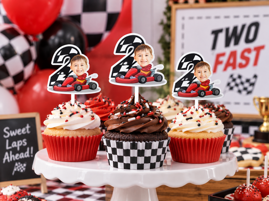 Personalized race car photo cupcake toppers displayed on cupcakes at a red black and checkered racing birthday party