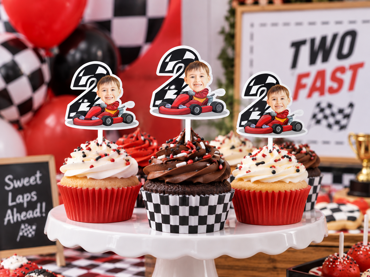 Personalized race car photo cupcake toppers displayed on cupcakes at a red black and checkered racing birthday party