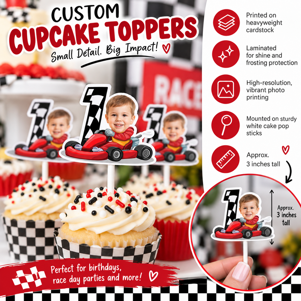Custom race car photo cupcake toppers made with heavyweight cardstock laminated finish vibrant printing and sturdy cake pop sticks