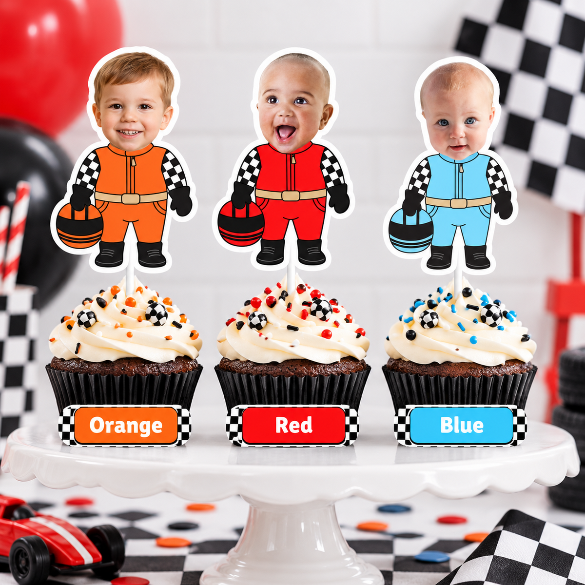 Personalized race car driver photo cupcake toppers in orange red and blue for Fast One first birthday and racing birthday parties