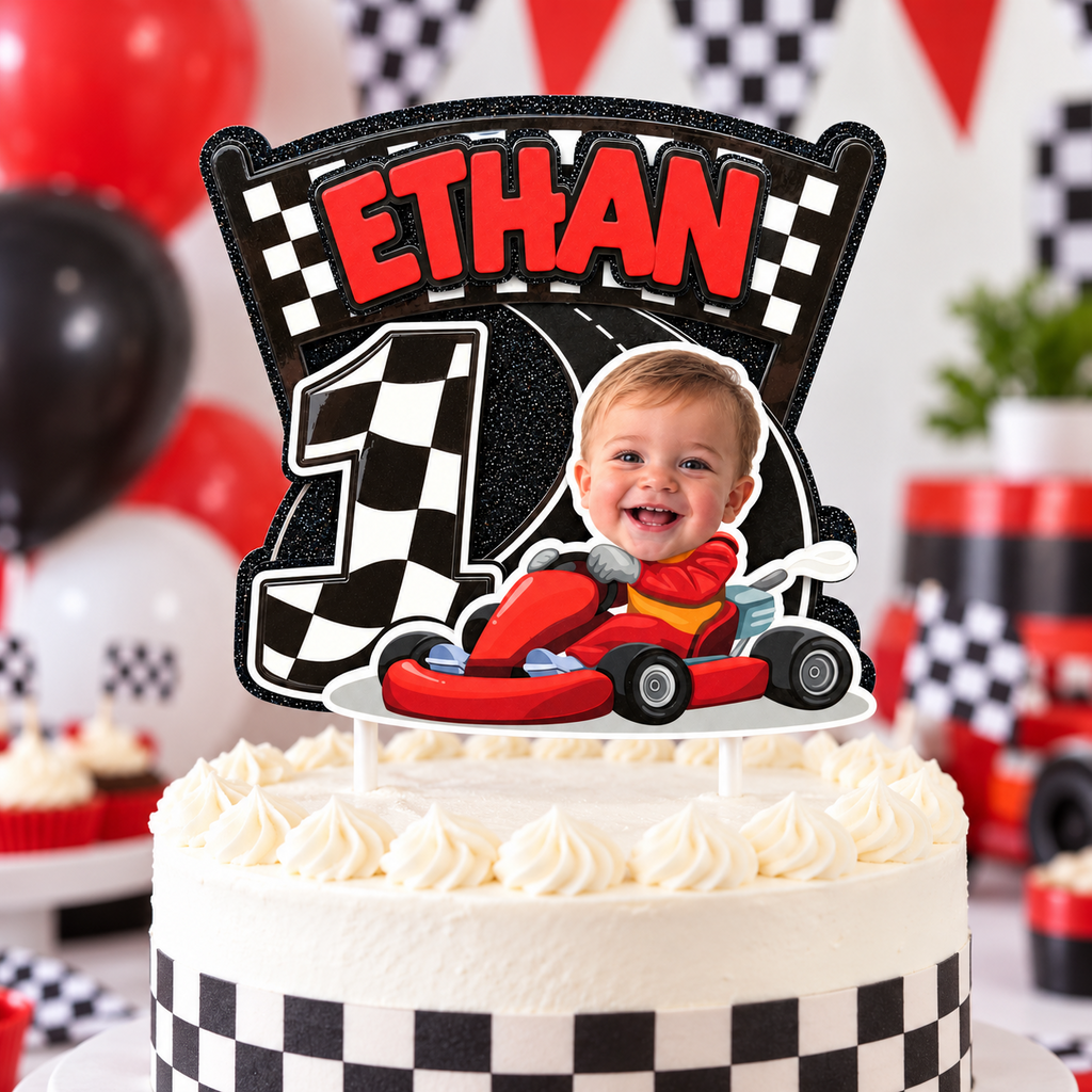Personalized race car first birthday cake topper with child photo and age one on a white cake with red black and checkered racing party decorations