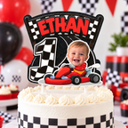 Personalized race car first birthday cake topper with child photo and age one on a white cake with red black and checkered racing party decorations