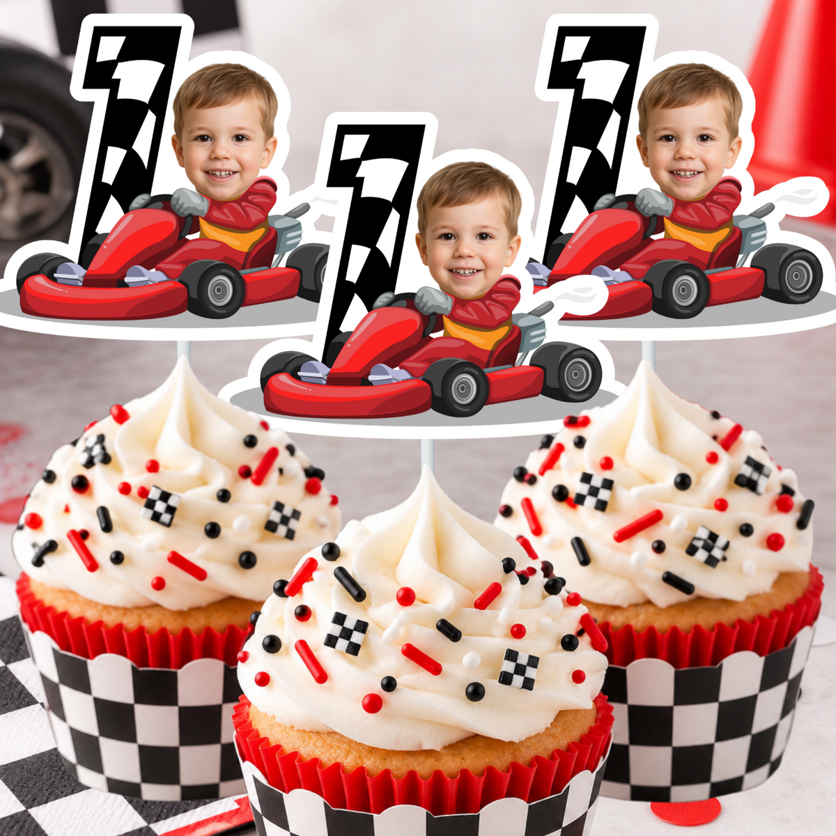 Personalized child photo race car cupcake topper set displayed on red black and checkered birthday cupcakes