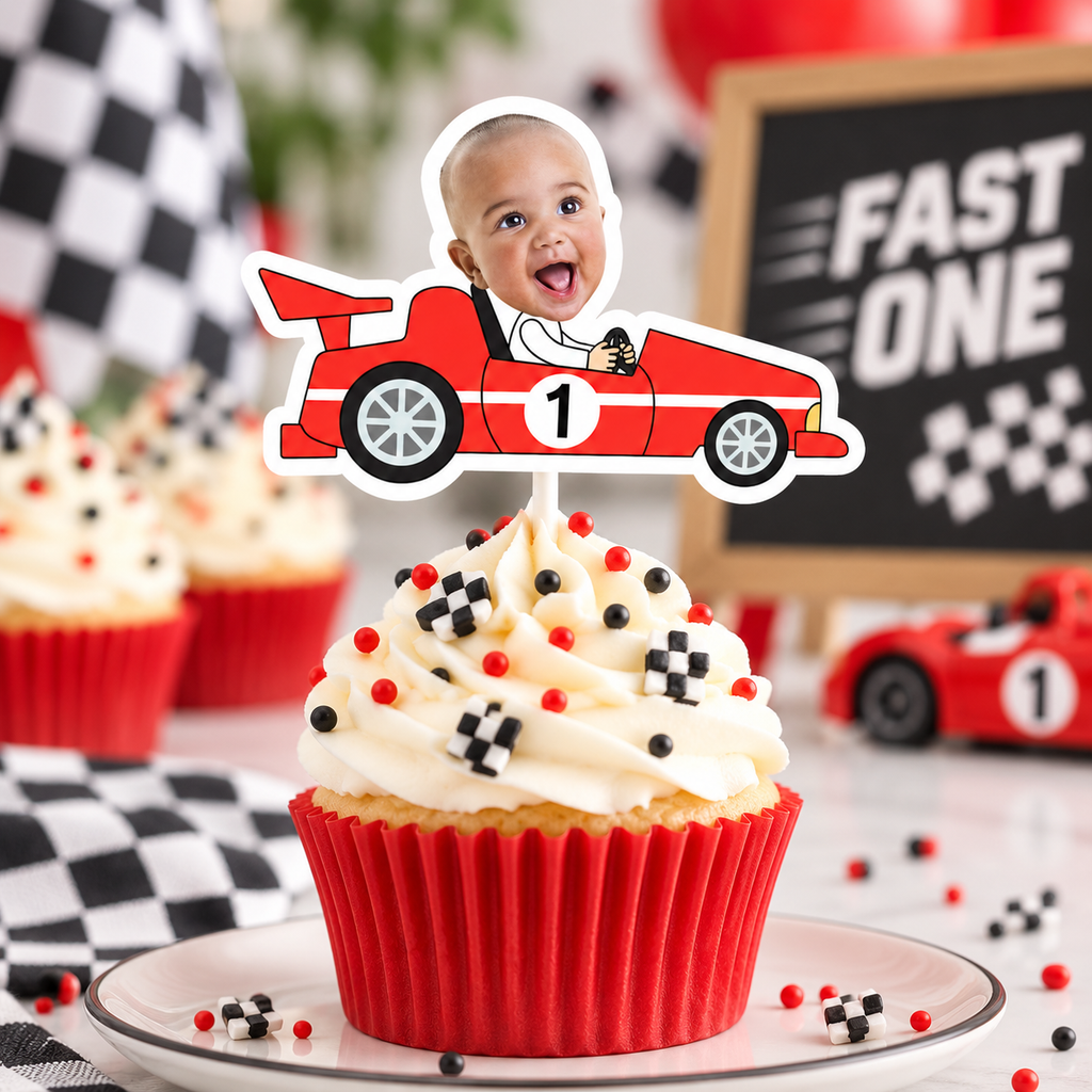 Red Fast One personalized photo cupcake topper featuring a child in a race car with age one for a checkered racing birthday