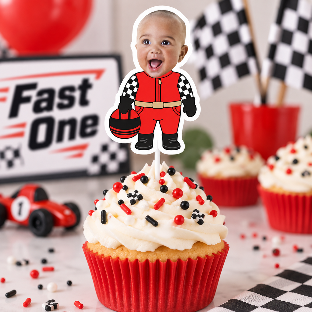 Red Fast One photo cupcake topper featuring a child face on a race car driver design for a first birthday racing party