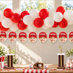 Red Rookie of the Year personalized child photo banner displayed with red white balloons and baseball decorations for a baseball themed birthday party
