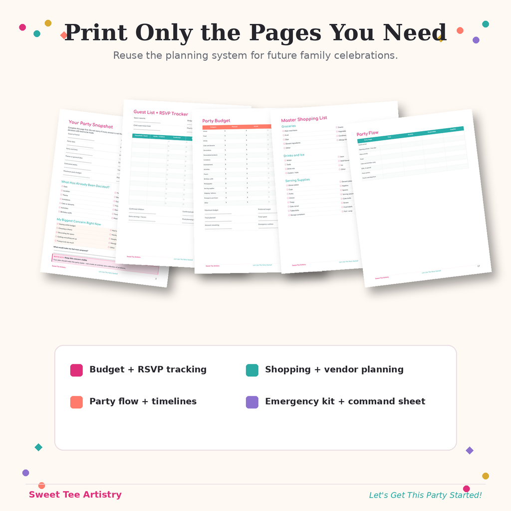 Print only the pages you need, including the party snapshot, RSVP tracker, budget planner, master shopping list, party-flow worksheet, timelines, emergency-kit checklist, and final command sheet.