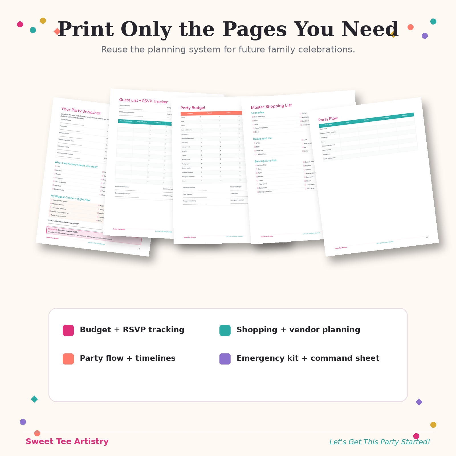 Print only the pages you need, including the party snapshot, RSVP tracker, budget planner, master shopping list, party-flow worksheet, timelines, emergency-kit checklist, and final command sheet.
