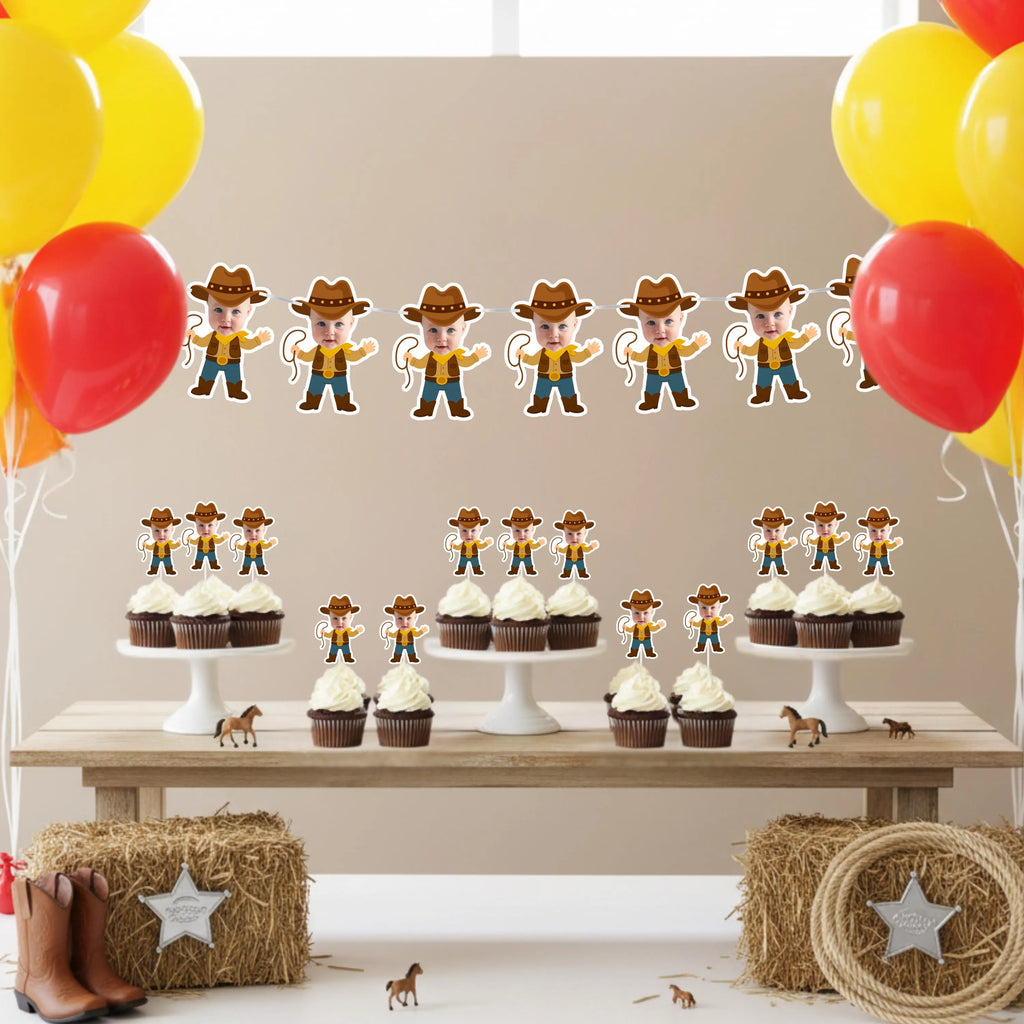 Cowboy-themed birthday party setup with a banner, cupcakes, decorations, and balloons.