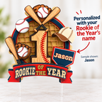Personalized Rookie of the Year baseball cake topper graphic showing custom child name placement on the baseball home plate detail