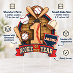 Rookie of the Year baseball cake topper size and material guide showing standard and smash cake sizes, layered laminated cardstock and 3D appearance