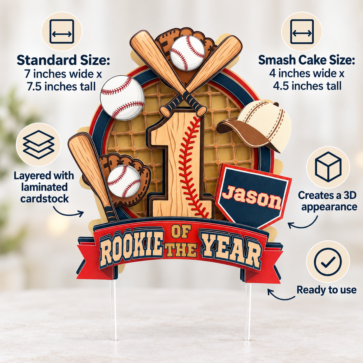 Rookie of the Year baseball cake topper size and material guide showing standard and smash cake sizes, layered laminated cardstock and 3D appearance