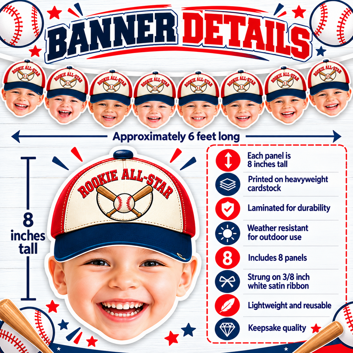 Rookie All Star personalized baseball photo banner details showing eight panels approximately six feet long with eight inch laminated heavyweight cardstock panels and white satin ribbon