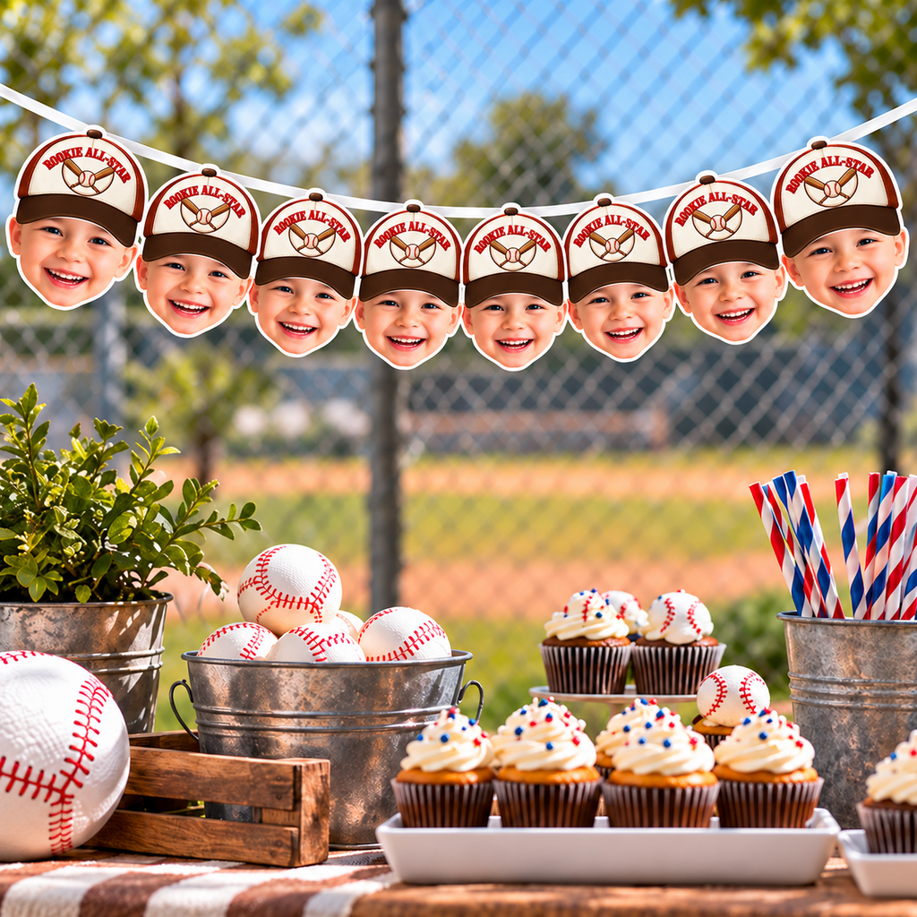 How to order a personalized Rookie All Star baseball photo banner with eight panels hat color selection photo upload proof assembly and shipping