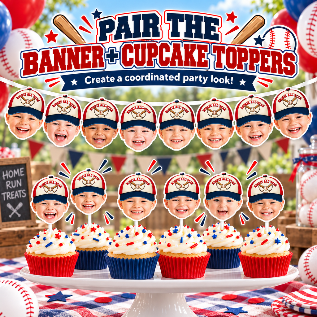 Matching personalized Rookie All Star baseball photo banner and cupcake toppers featuring child face photos for a coordinated red white and blue baseball birthday party display