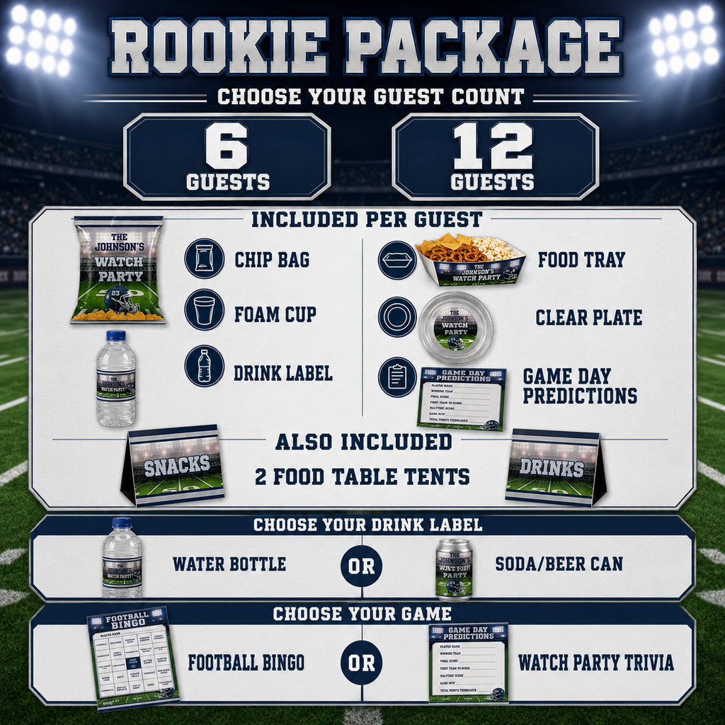 Rookie football watch party package for 6 or 12 guests with personalized chip bags, food trays, foam cups, clear plates, drink labels and game cards.