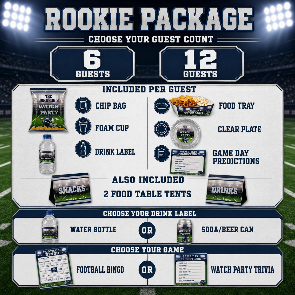 Rookie football watch party package for 6 or 12 guests with personalized chip bags, food trays, foam cups, clear plates, drink labels and game cards.