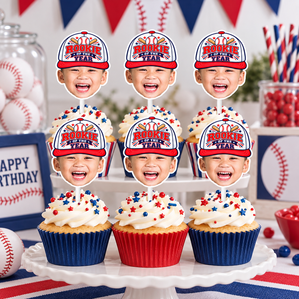 Personalized Rookie of the Year baseball cupcake toppers featuring a baby photo with red white and blue baseball cap