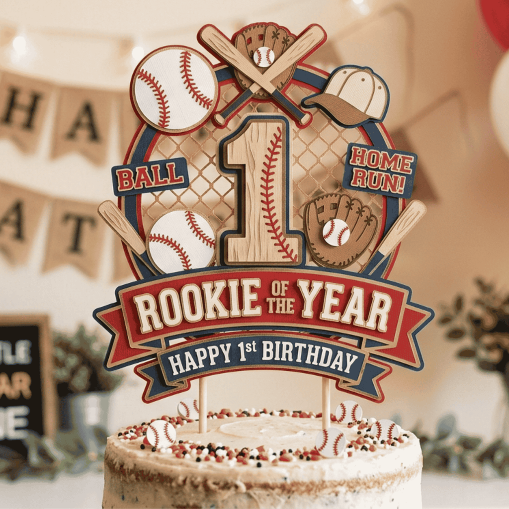 Baseball first birthday cake topper featuring bats baseball glove baseballs and rookie of the year design handmade layered cardstock cake decoration for sports birthday party