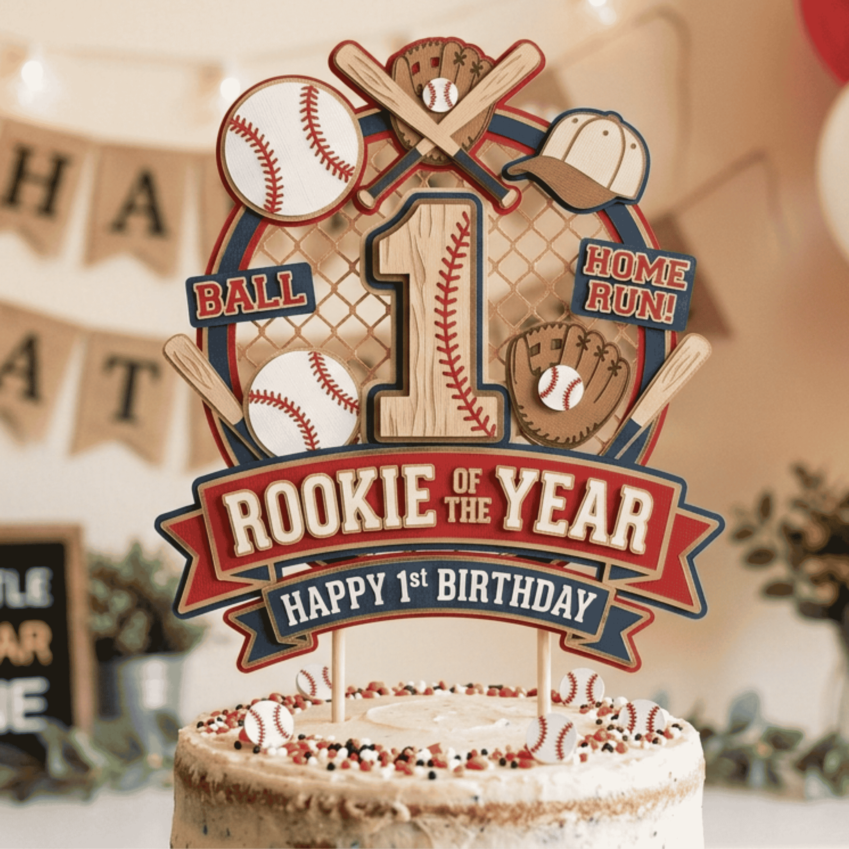 Baseball first birthday cake topper featuring bats baseball glove baseballs and rookie of the year design handmade layered cardstock cake decoration for sports birthday party