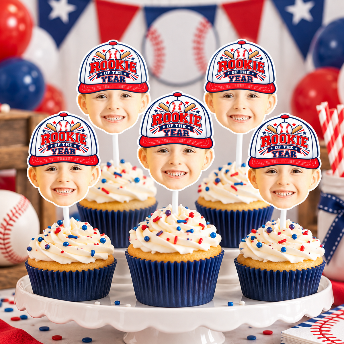 Rookie of the Year baseball photo cupcake topper details showing three inch topper heavyweight cardstock lamination and white cake pop stick