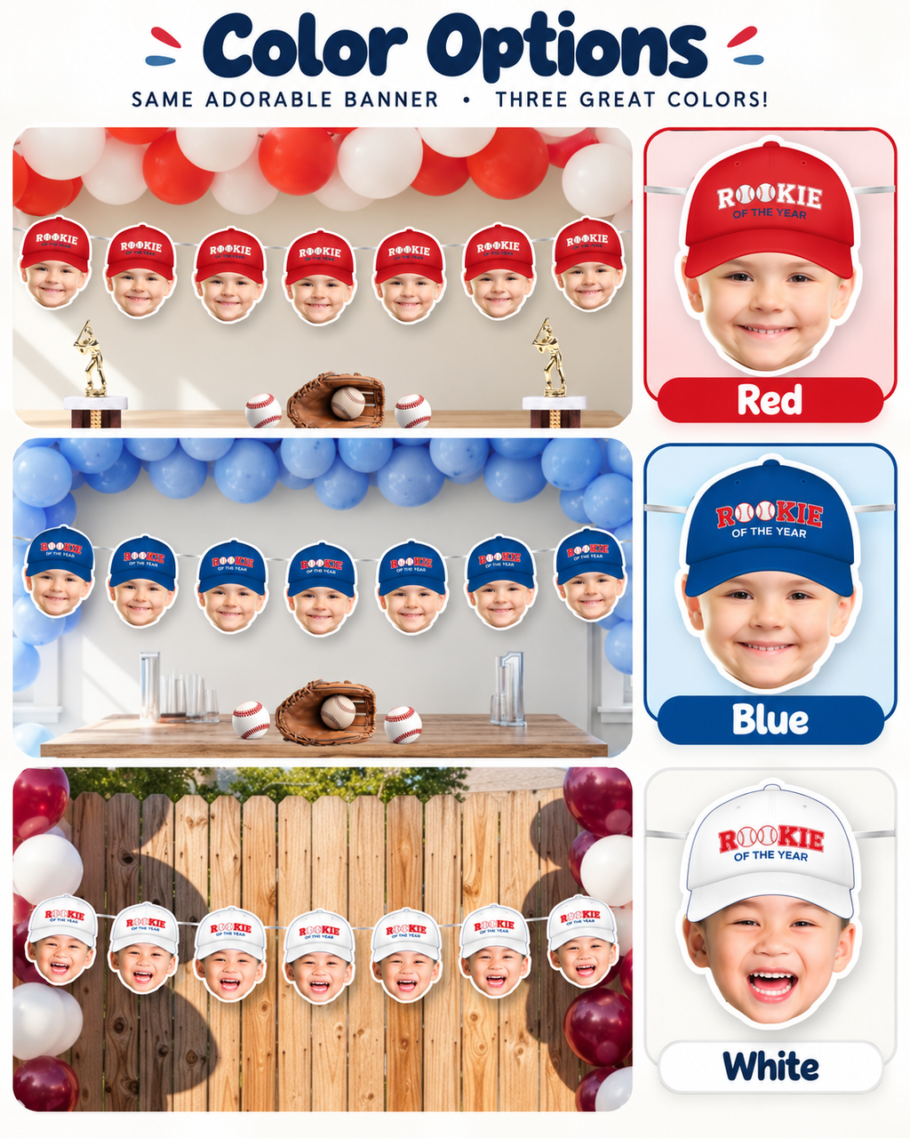 Personalized Rookie of the Year baseball photo banner color options showing red blue and white caps with custom child photos for a baseball birthday party