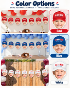 Personalized Rookie of the Year baseball photo banner color options showing red blue and white caps with custom child photos for a baseball birthday party