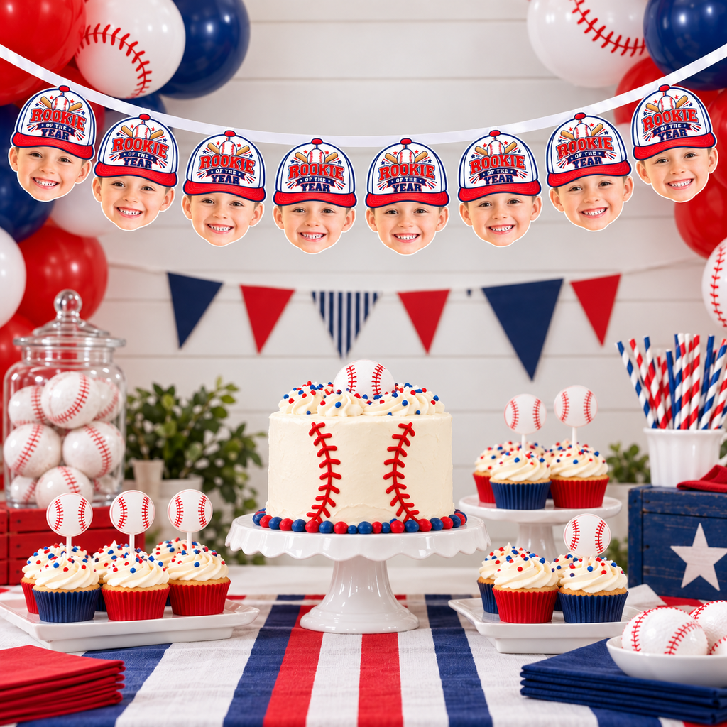 Personalized Rookie of the Year baseball photo banner displayed at an indoor red white and blue baseball birthday dessert table