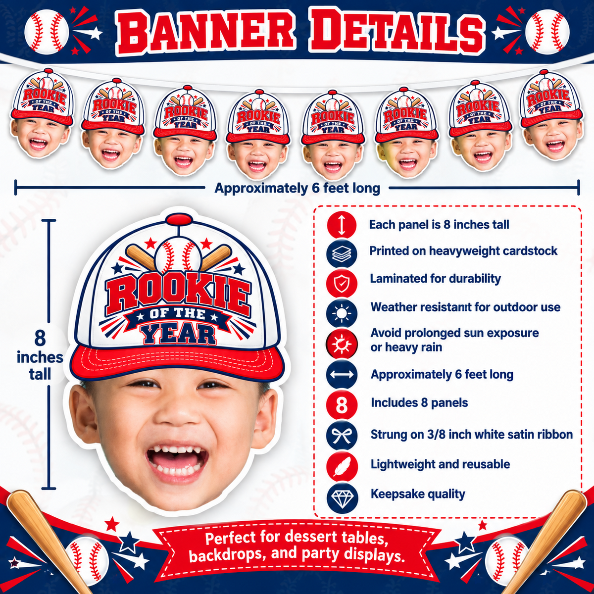 Rookie of the Year baseball photo banner details showing eight inch panels heavyweight cardstock lamination white satin ribbon and six foot length