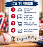 How to order a personalized Rookie of the Year baseball photo banner with red white or blue cap options and custom child photo for a baseball birthday party