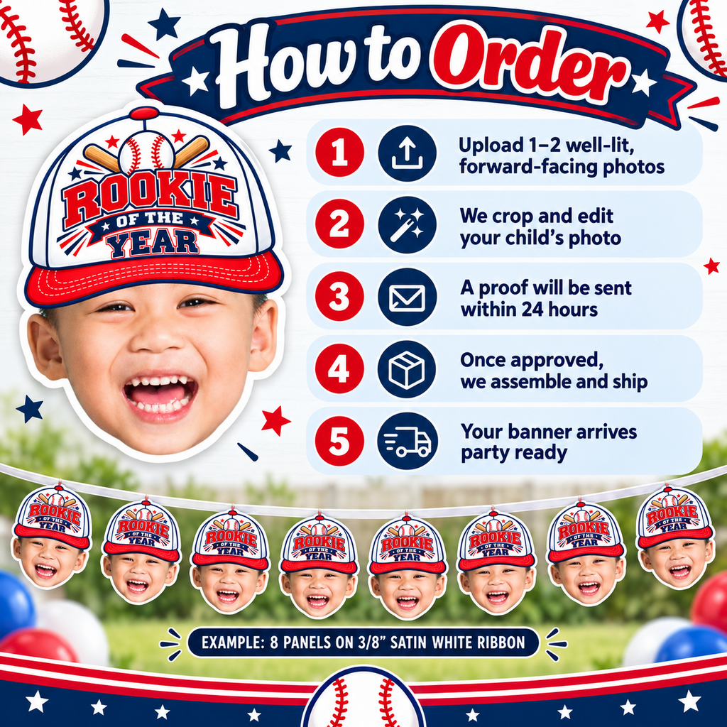 How to order a personalized Rookie of the Year baseball photo banner with photo upload proof approval and party ready assembly
