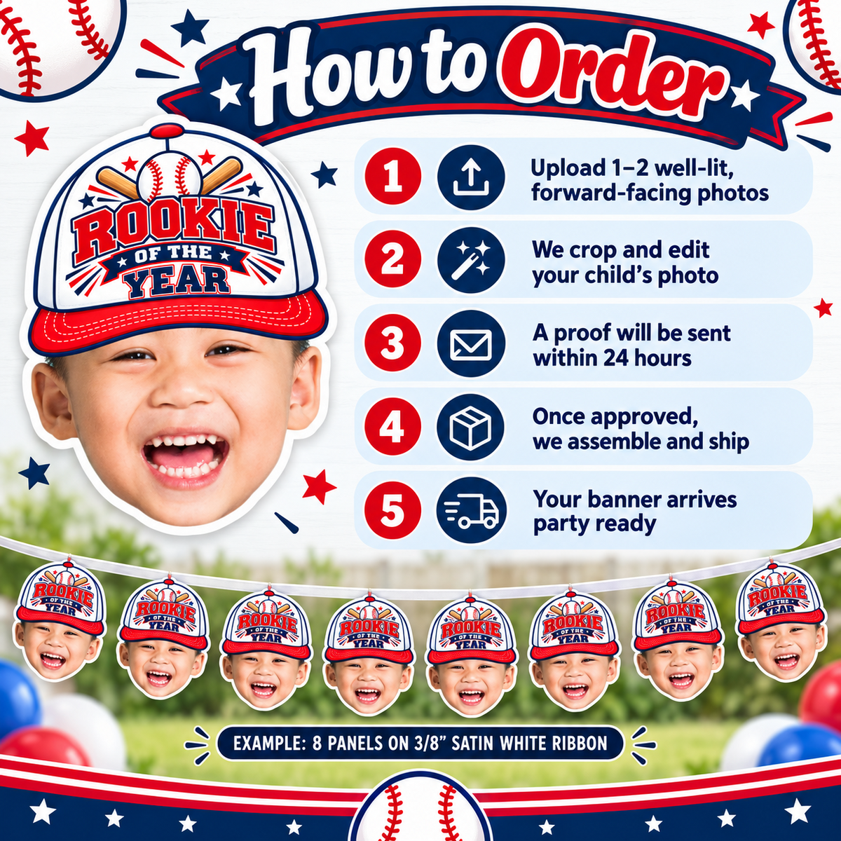 How to order a personalized Rookie of the Year baseball photo banner with photo upload proof approval and party ready assembly