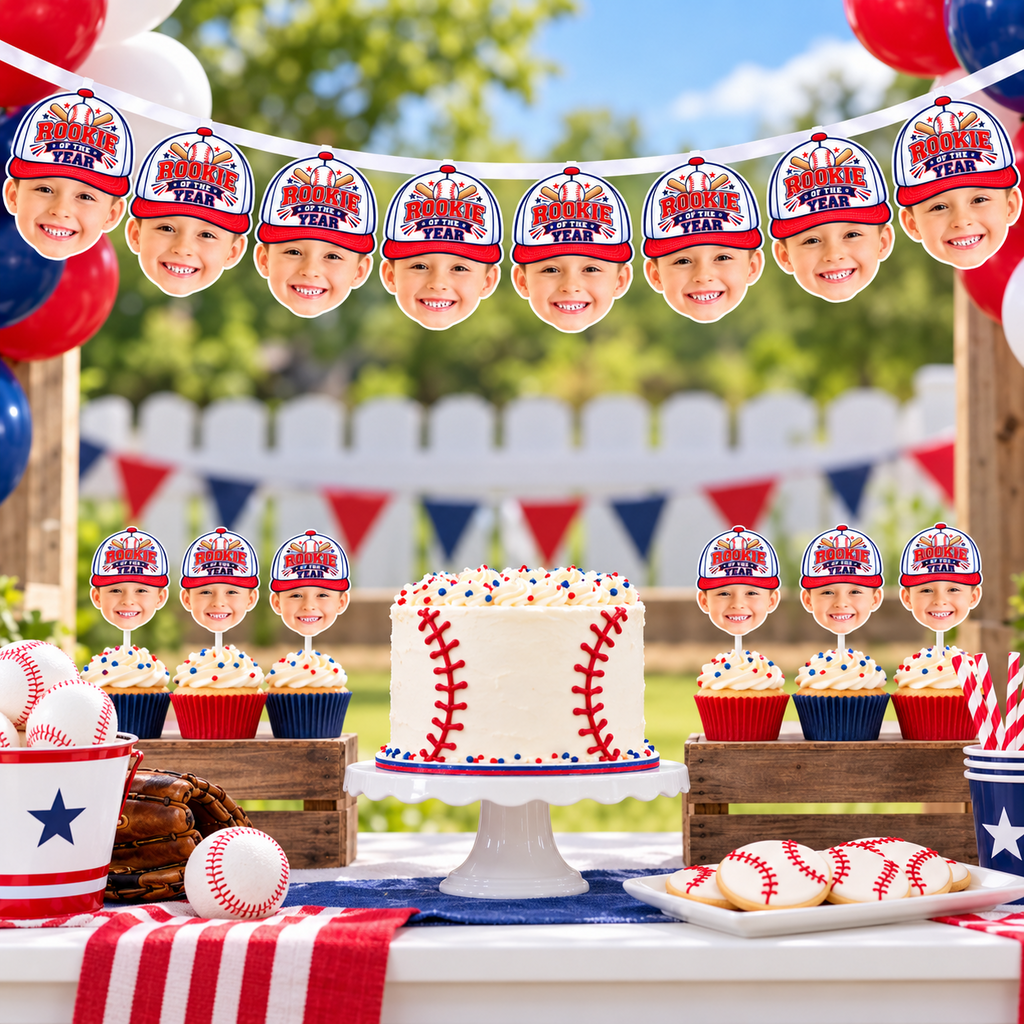 Personalized Rookie of the Year baseball photo banner displayed at an outdoor baseball birthday party with matching cupcake toppers