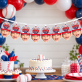 Personalized Rookie of the Year baseball photo banner displayed above a red white and blue baseball birthday dessert table